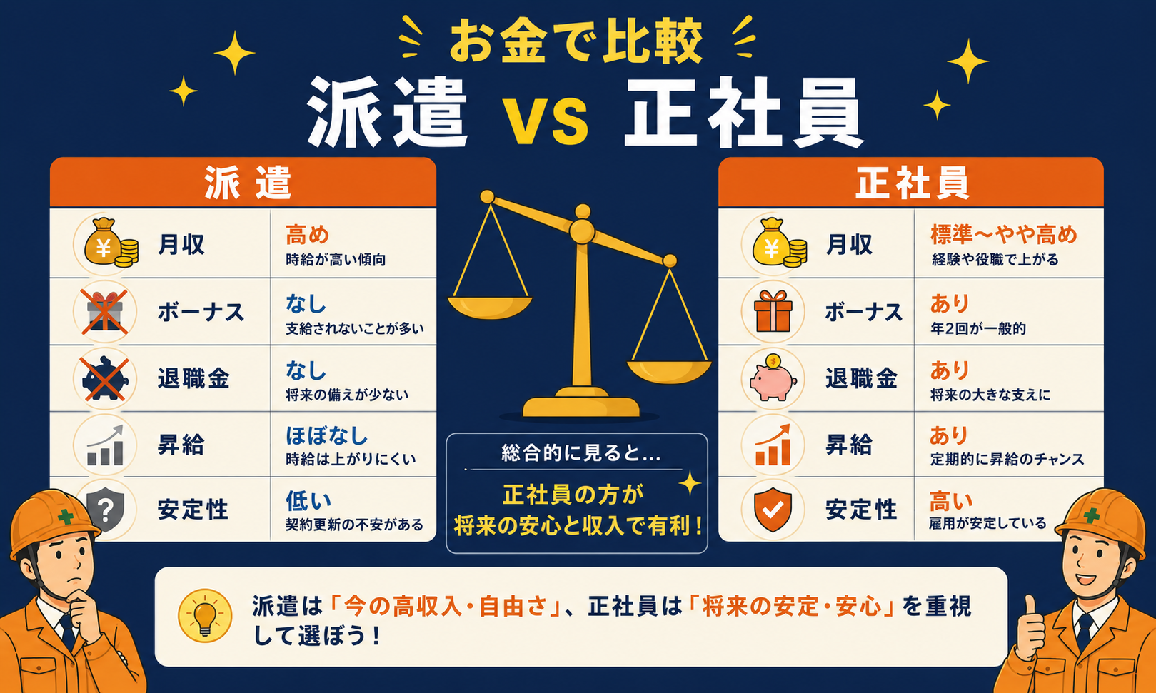お金で比較 施工管理の派遣 vs 正社員