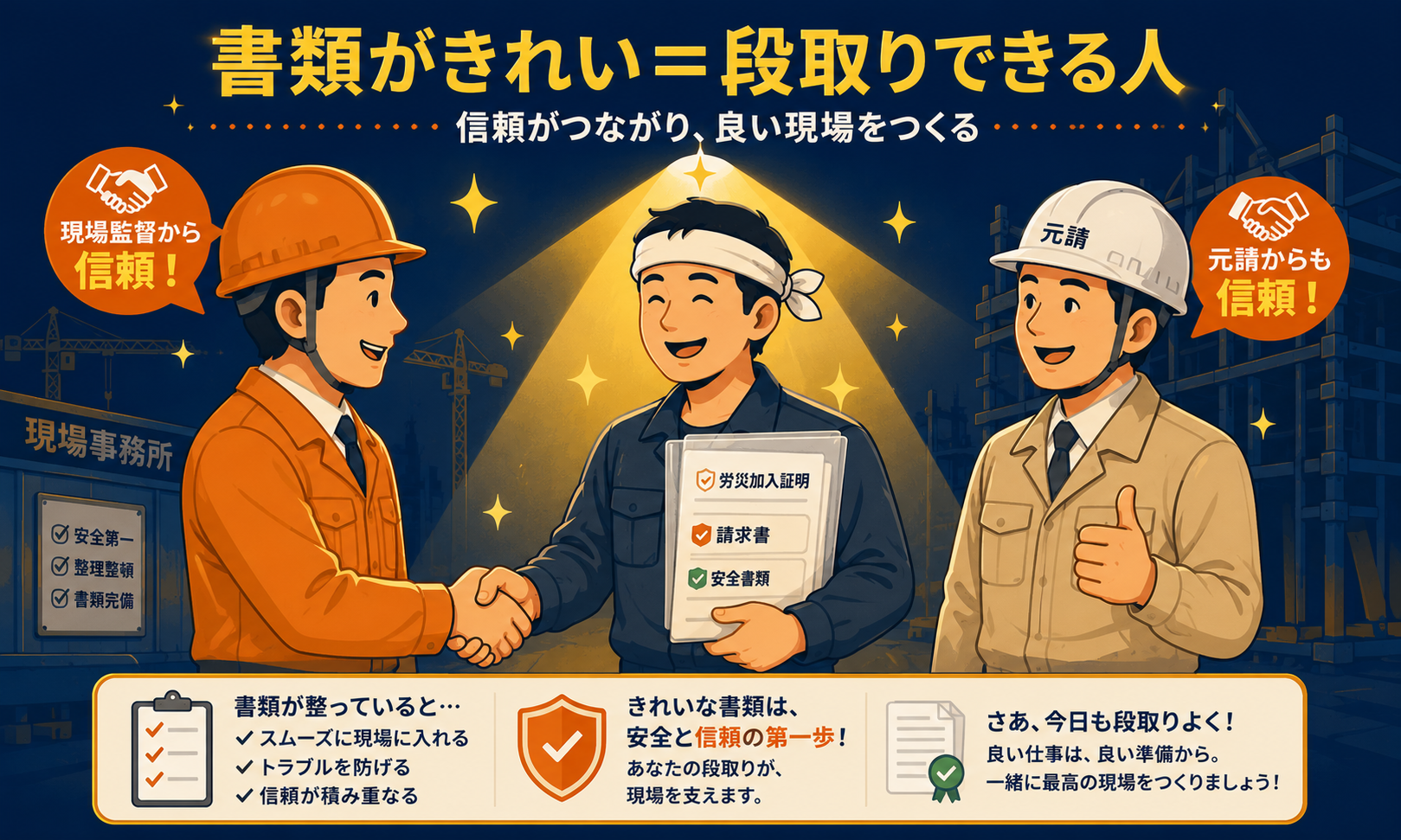 書類が揃っている一人親方が現場で信頼される様子の図解