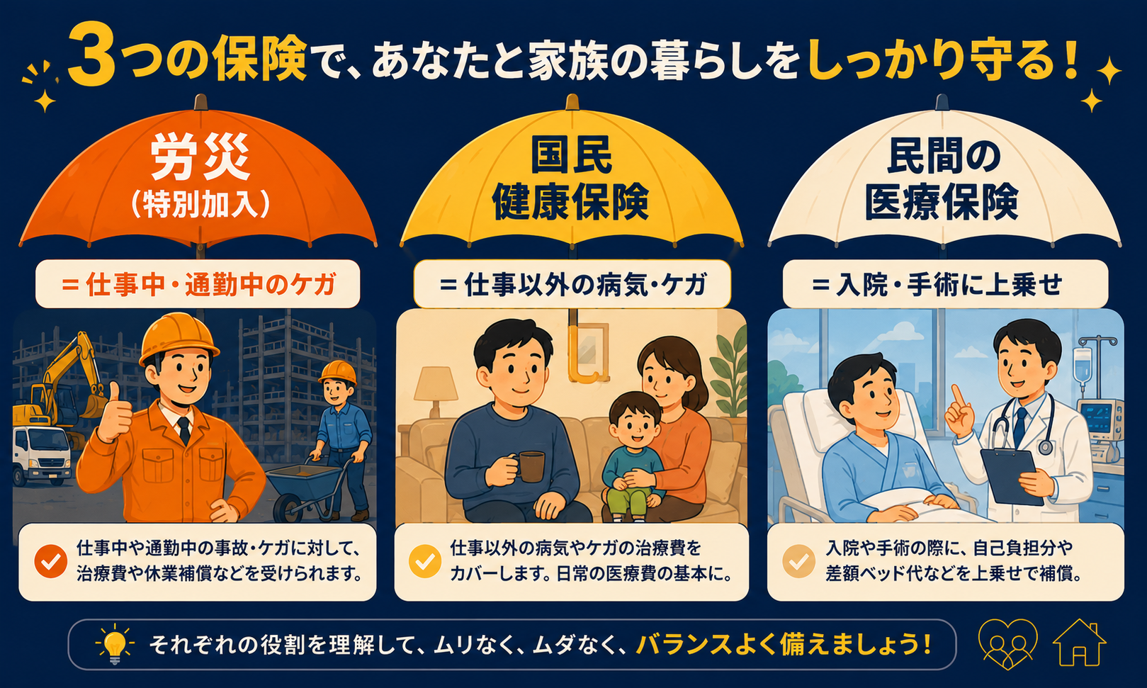 労災・国民健康保険・民間医療保険の守備範囲を3本の傘で整理した図解