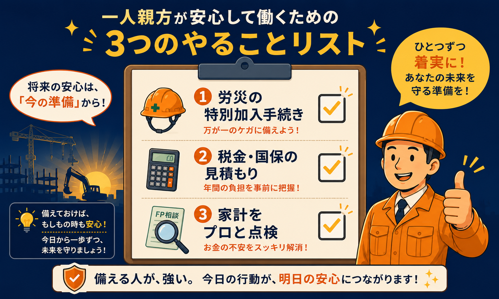 独立前のお金の準備チェックリスト（労災・税金・家計）の図解