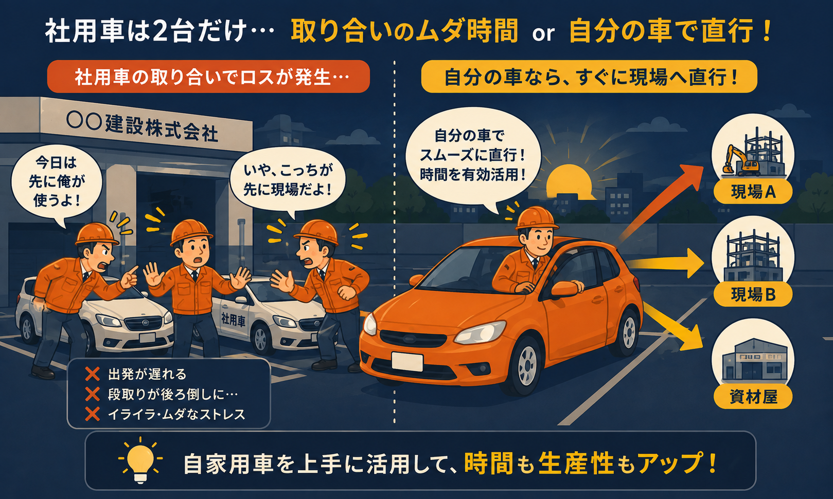 社用車の取り合いと自分の車で現場へ直行する現場監督の図解