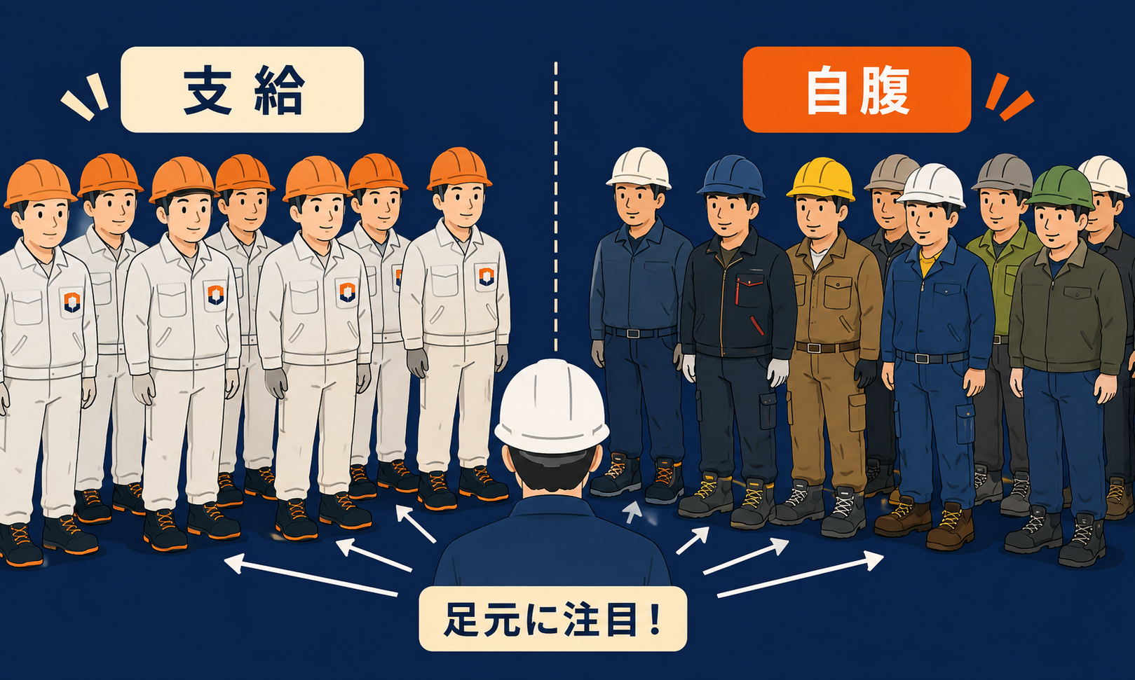 元請は作業服が支給され下請は自腹という現場の対比を示す図