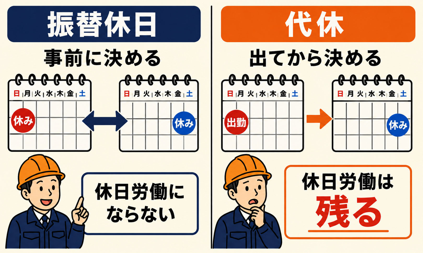 振替休日と代休の違いを示す対比図