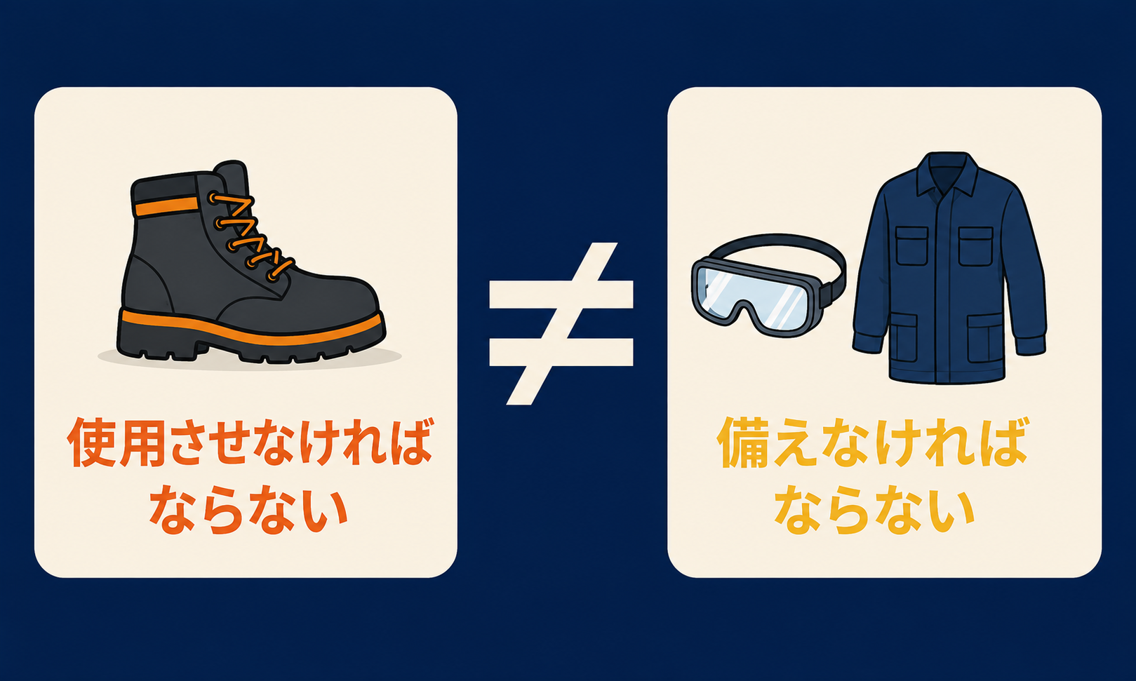 安全靴は使用させる義務、有害業務の保護具は備える義務という条文の違いを示す図