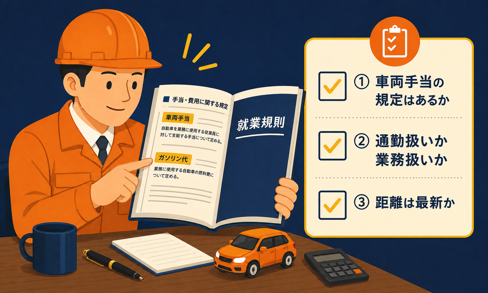 就業規則で車両手当と通勤手当を確認する現場監督の図解