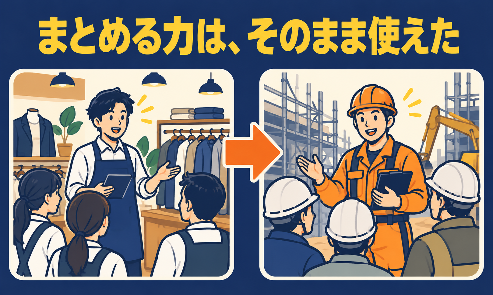洋服店でスタッフをまとめる姿と、現場で職人をまとめる現場監督の対比