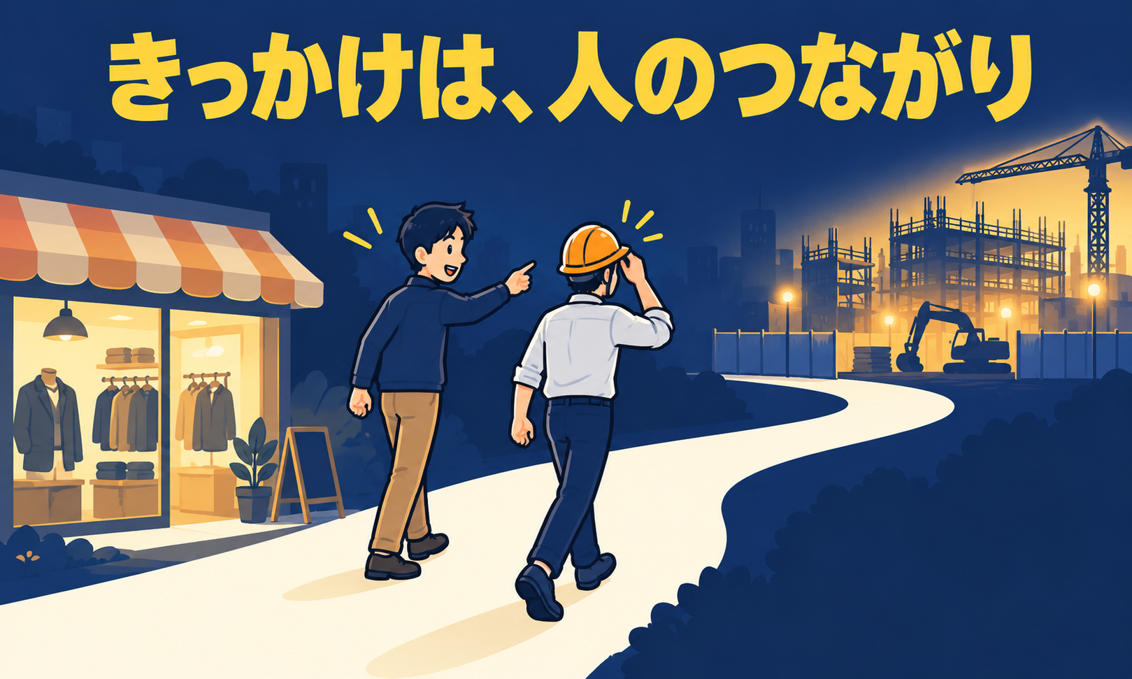 洋服店から建設現場へ続く道を、知り合いに誘われて歩く人物