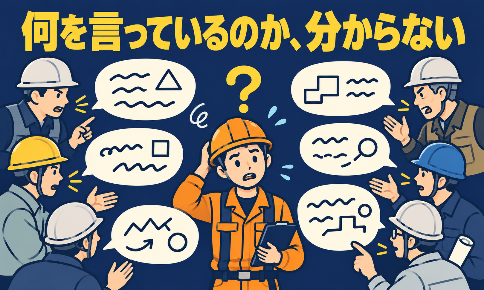 専門用語の吹き出しに囲まれて戸惑う新人の現場監督