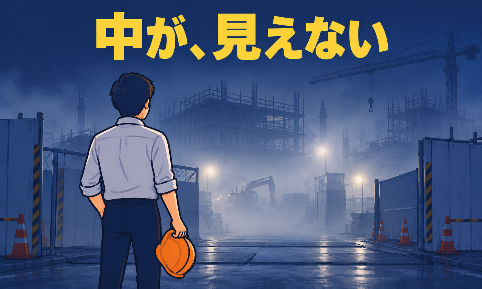 霧で中が見えない建設現場の前に、ヘルメットを持って立つ私服の人物