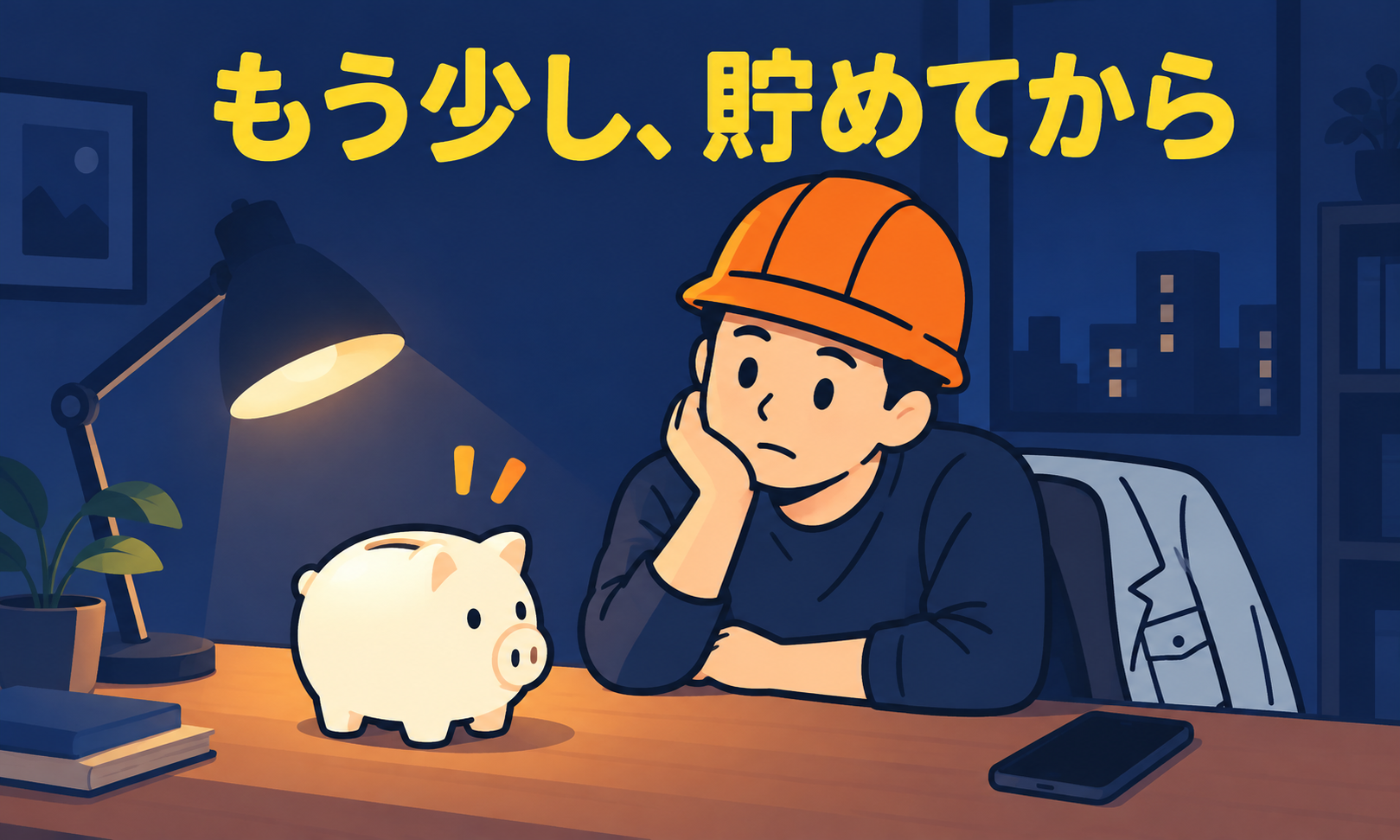 夜、机の上の貯金箱を見つめる現場監督
