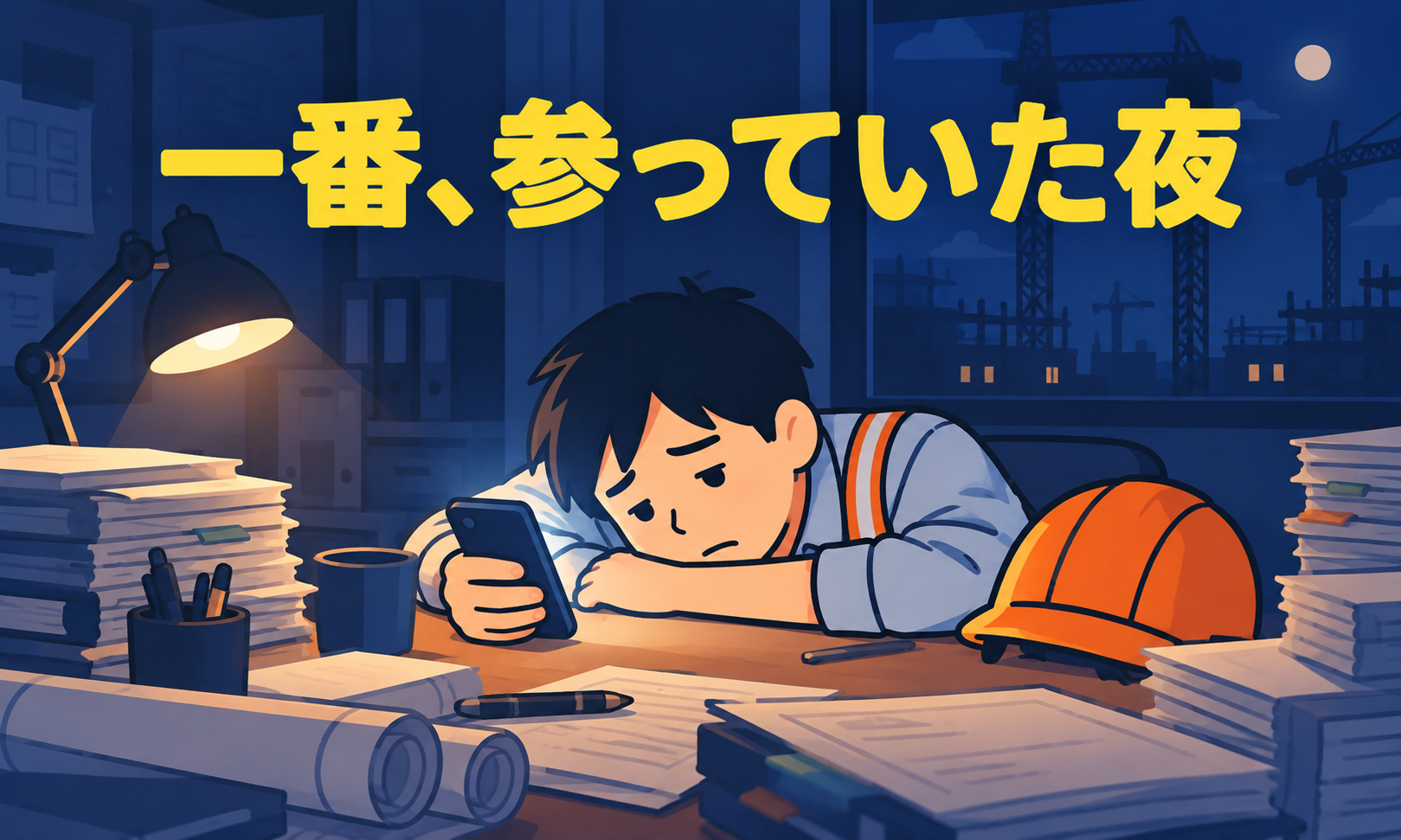 夜の現場事務所でスマホを手に机に突っ伏す現場監督