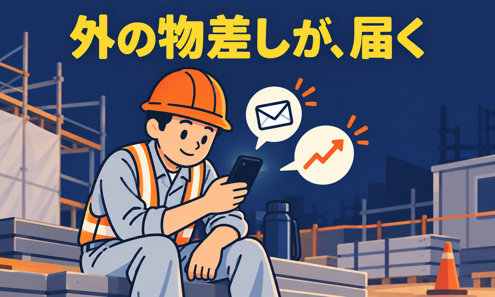 休憩中にスマホで求人や相場のメールを読む現場監督
