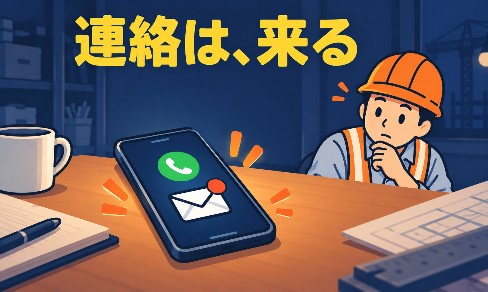 電話とメールの通知が来ているスマホを見る現場監督
